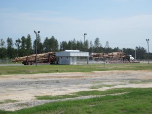 Log trucks at the weigh station at the Georgia Biomass Facility in Waycross, GA