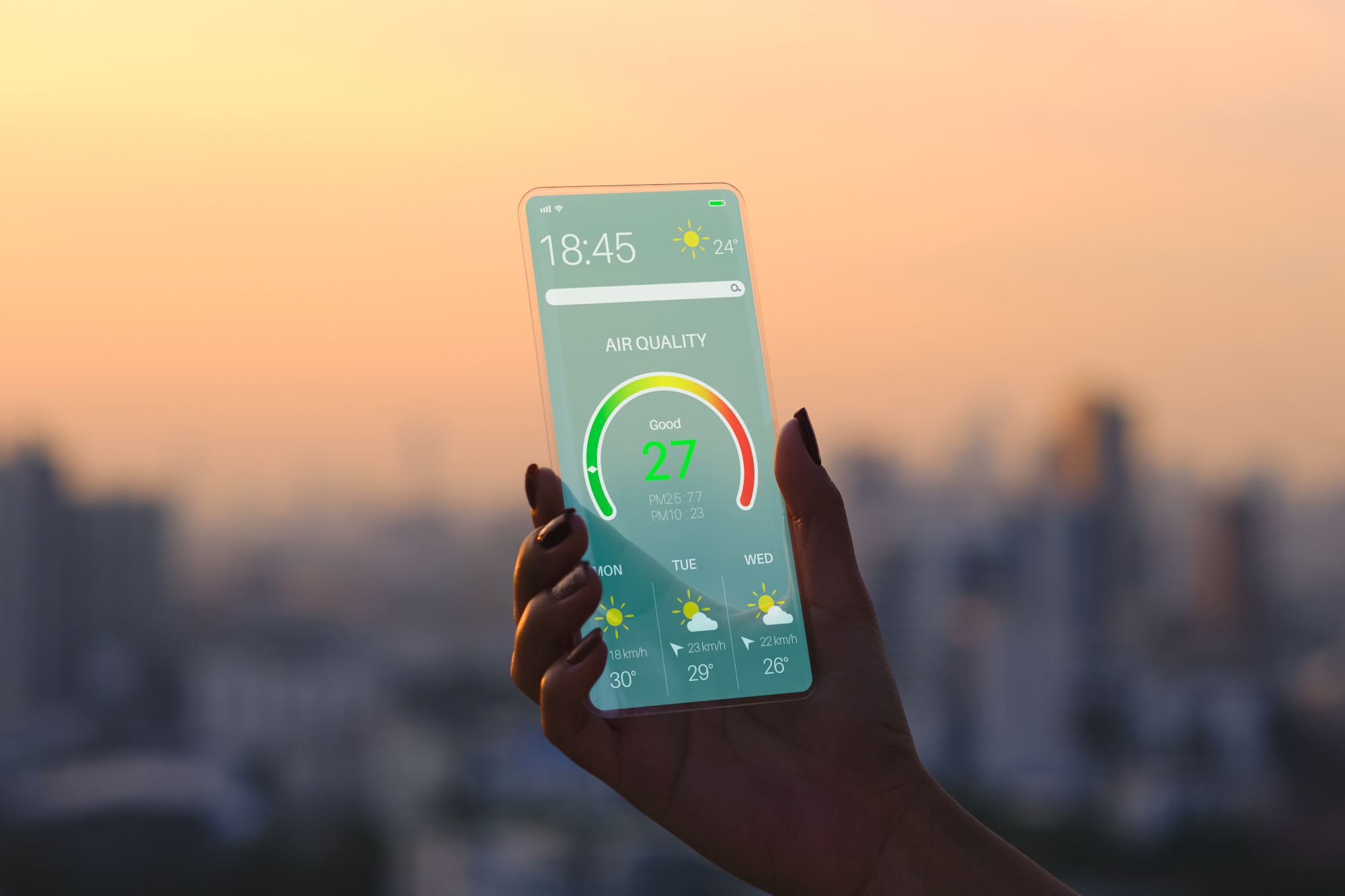 Air quality index on smartphone displaying air pollution