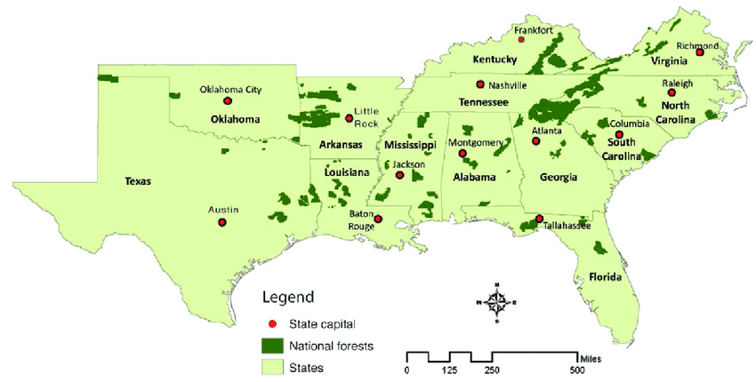 Map of National Forests in Region 8.