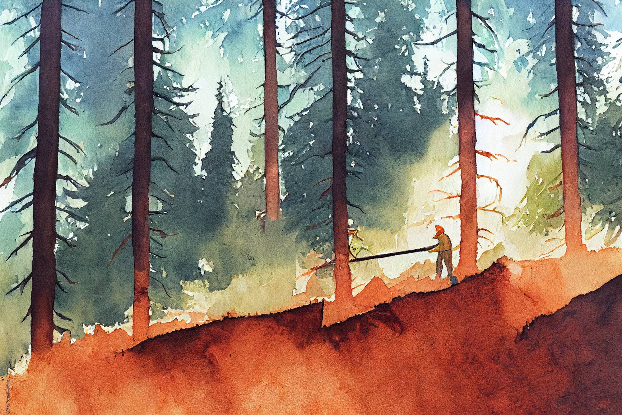 an artistic rendering of someone logging a forest