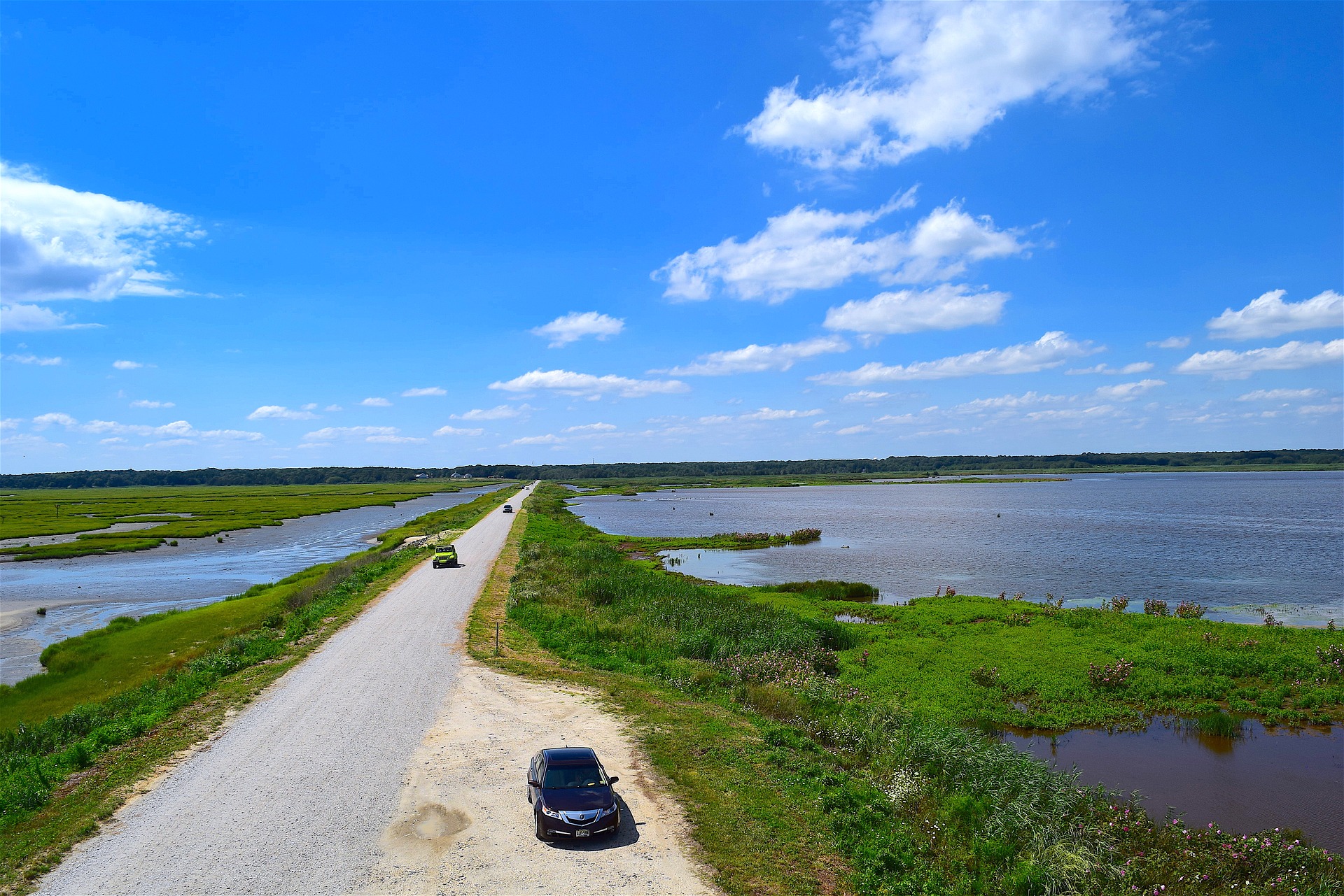 a road extends into a marsh