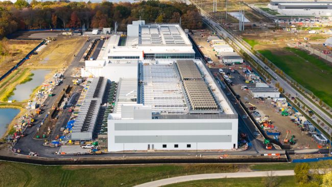 Aerial view of construction of new massive Data center at the suburbs of Columbus city, ohio.